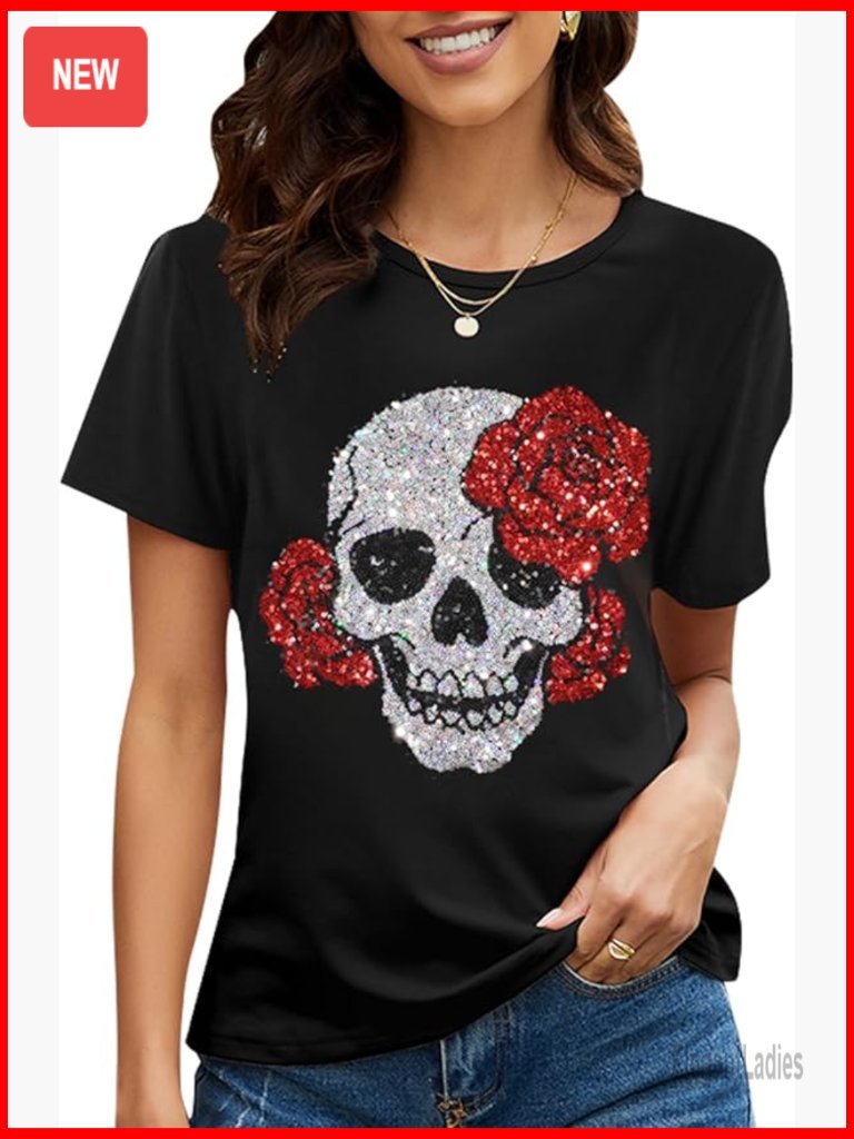 Short Sleeve Graphic Tee With Sequins, Cotton Blend, Casual Fit